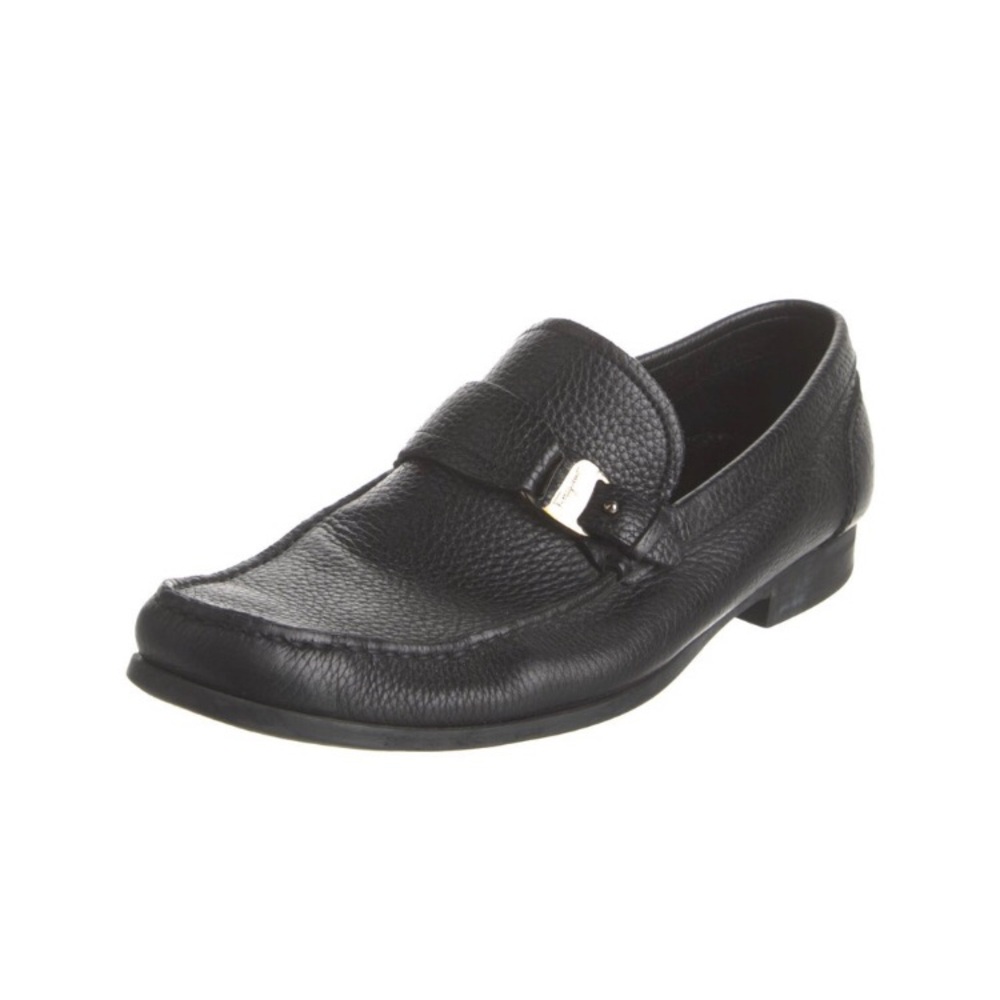 Men's Salvatore Ferragamo Black Pebbled Leather Loafers Buckle Strap Shoes 11 D